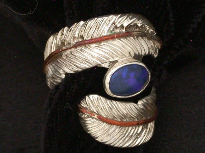 Silver feather wrap copper vein, Opal size 6.5